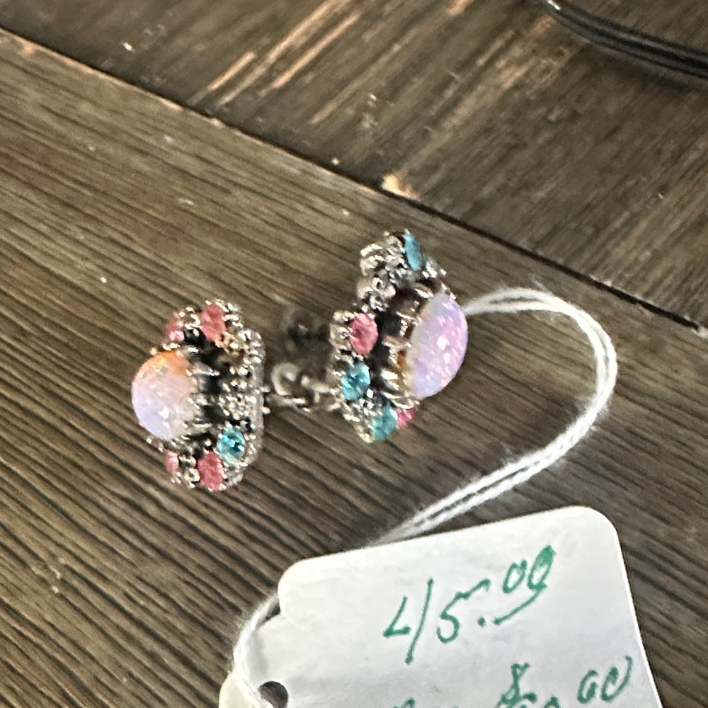 Opal and Multicolor Crystal Halo Stud Earrings - Pink/Blue